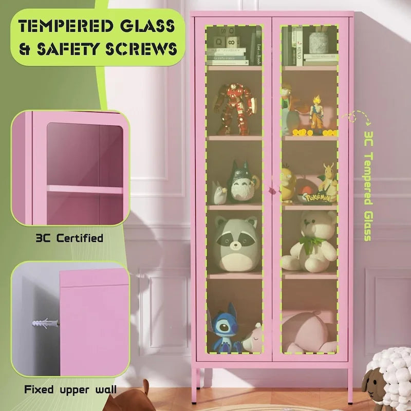 Vitrine vitrée de 67 pouces de haut avec portes en verre et 4 étagères réglables