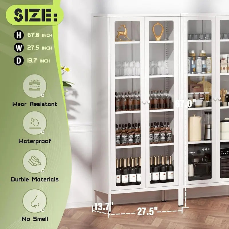Vitrine vitrée de 67 pouces de haut avec portes en verre et 4 étagères réglables