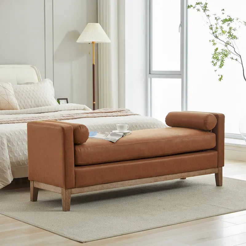 Banc de chambre avec coussins et pieds en bois massif pour salon et entrée