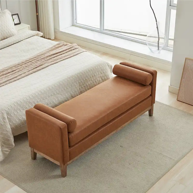 Banc de chambre avec coussins et pieds en bois massif pour salon et entrée