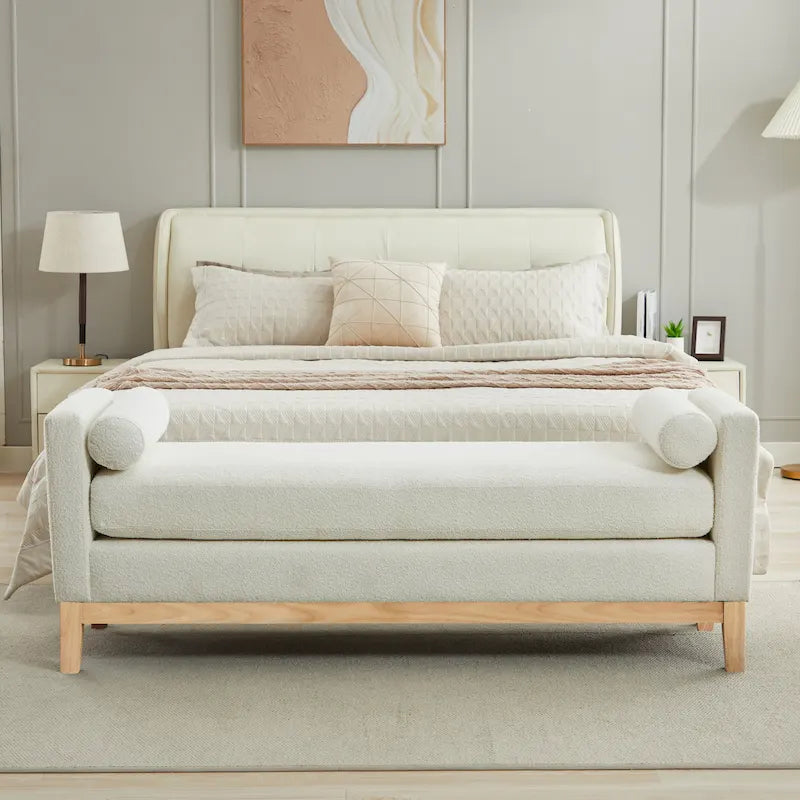 Banc de chambre avec coussins et pieds en bois massif pour salon et entrée