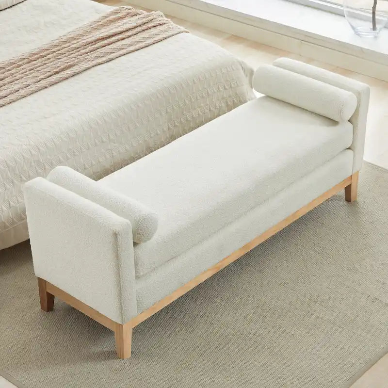 Banc de chambre avec coussins et pieds en bois massif pour salon et entrée