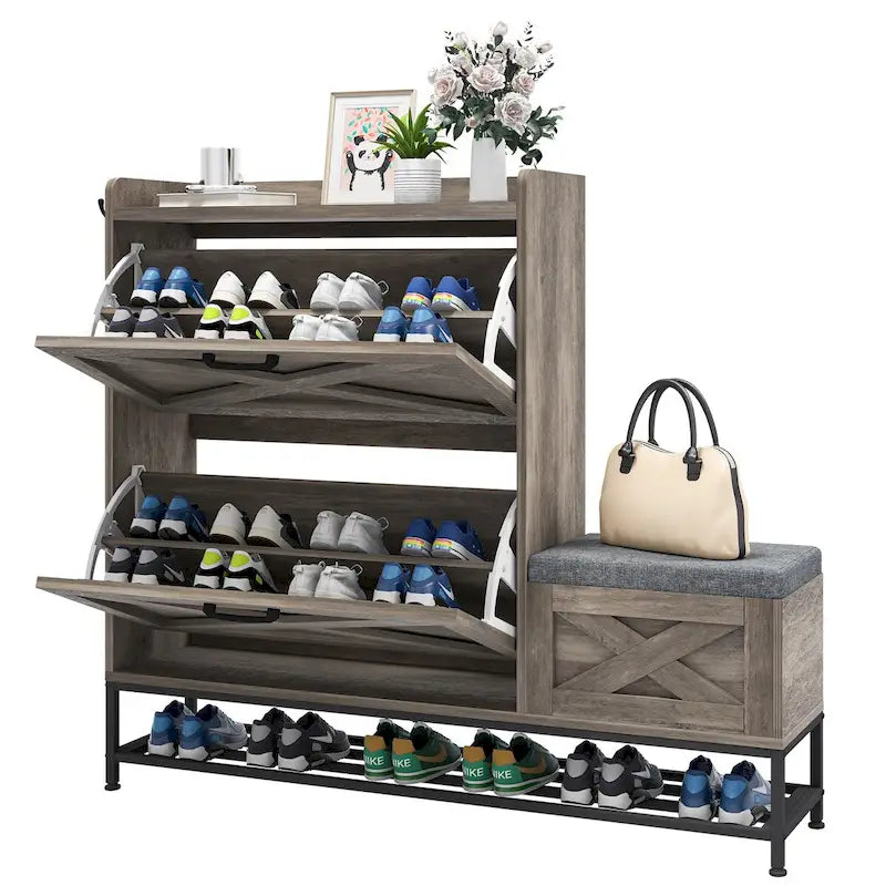 Meuble à chaussures Moasis Farmhouse avec 2 tiroirs rabattables pour 16 paires, rangement pour chaussures d'entrée avec banc à chaussures