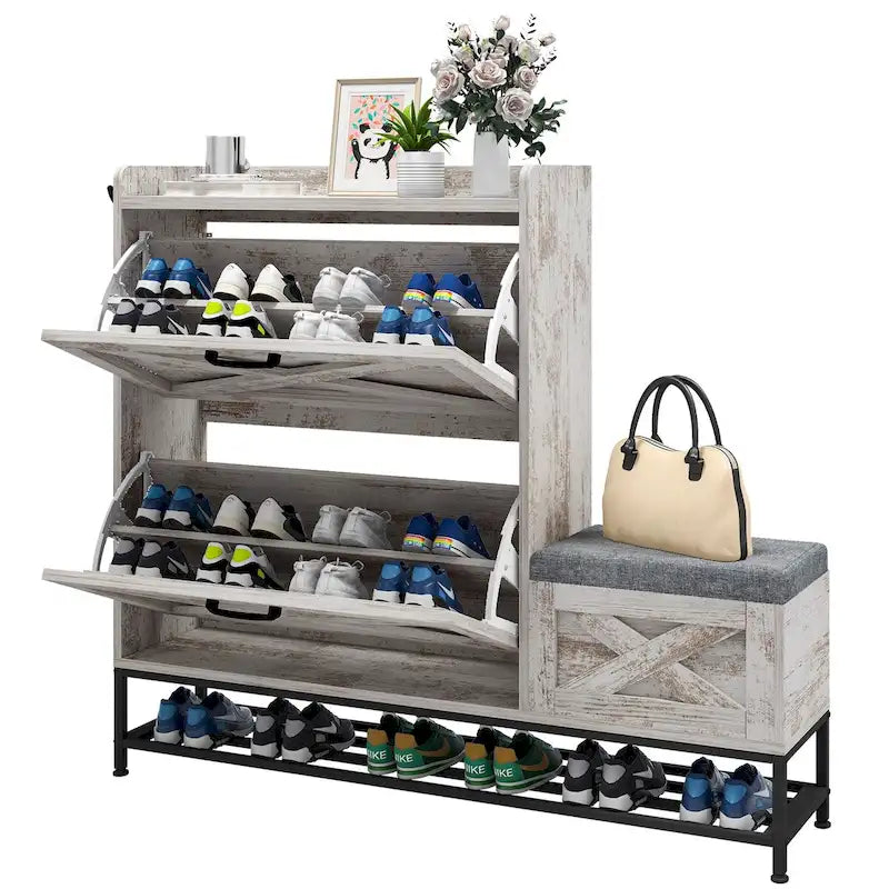 Meuble à chaussures Moasis Farmhouse avec 2 tiroirs rabattables pour 16 paires, rangement pour chaussures d'entrée avec banc à chaussures