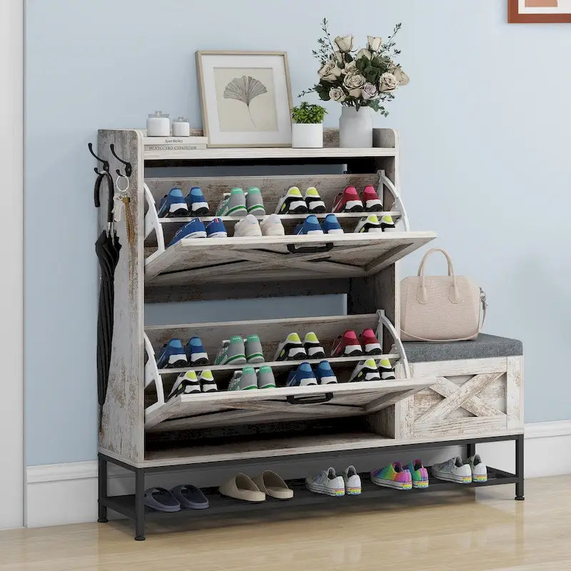 Meuble à chaussures Moasis Farmhouse avec 2 tiroirs rabattables pour 16 paires, rangement pour chaussures d'entrée avec banc à chaussures
