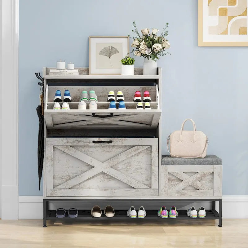 Meuble à chaussures Moasis Farmhouse avec 2 tiroirs rabattables pour 16 paires, rangement pour chaussures d'entrée avec banc à chaussures