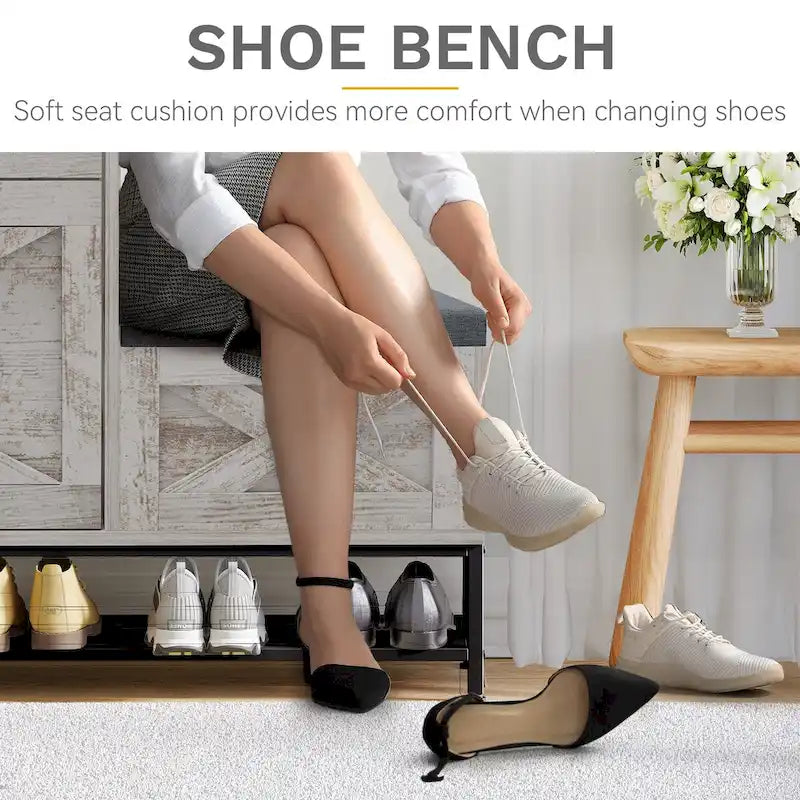 Meuble à chaussures Moasis Farmhouse avec 2 tiroirs rabattables pour 16 paires, rangement pour chaussures d'entrée avec banc à chaussures