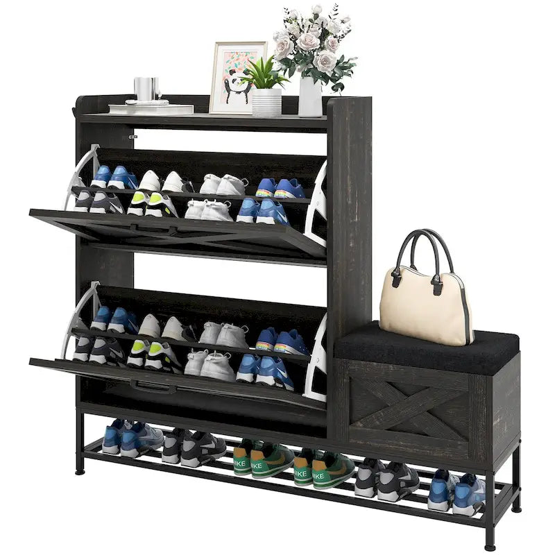 Meuble à chaussures Moasis Farmhouse avec 2 tiroirs rabattables pour 16 paires, rangement pour chaussures d'entrée avec banc à chaussures