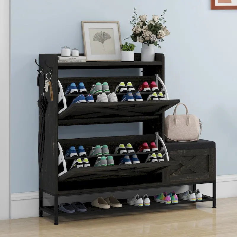 Meuble à chaussures Moasis Farmhouse avec 2 tiroirs rabattables pour 16 paires, rangement pour chaussures d'entrée avec banc à chaussures