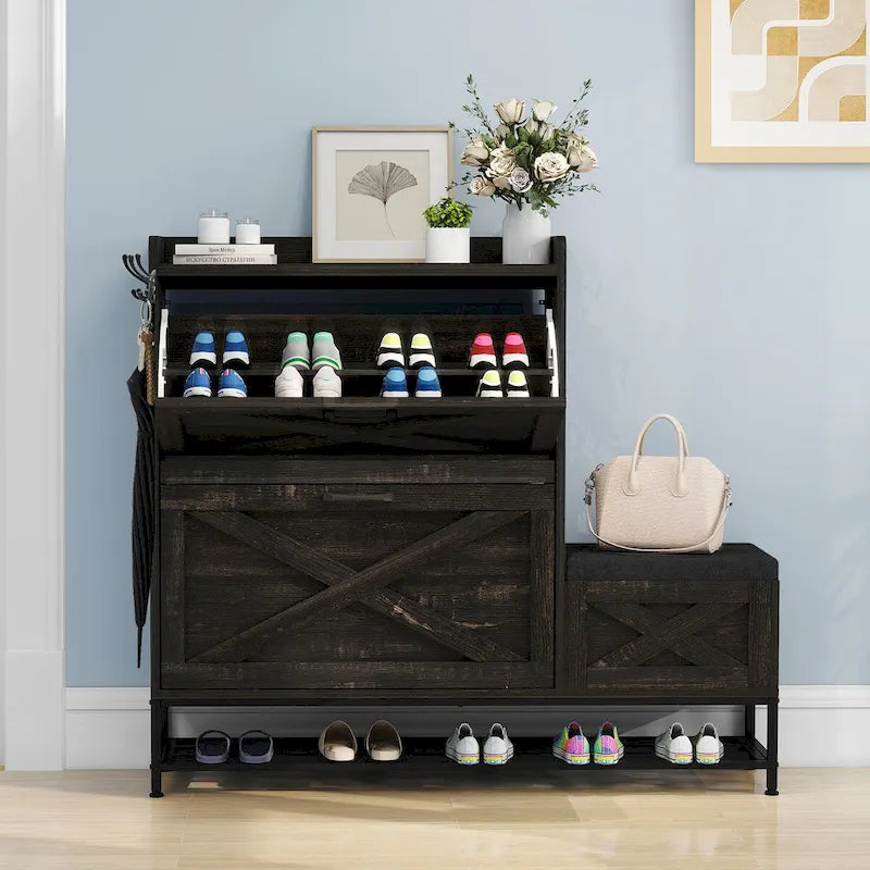 Meuble à chaussures Moasis Farmhouse avec 2 tiroirs rabattables pour 16 paires, rangement pour chaussures d'entrée avec banc à chaussures