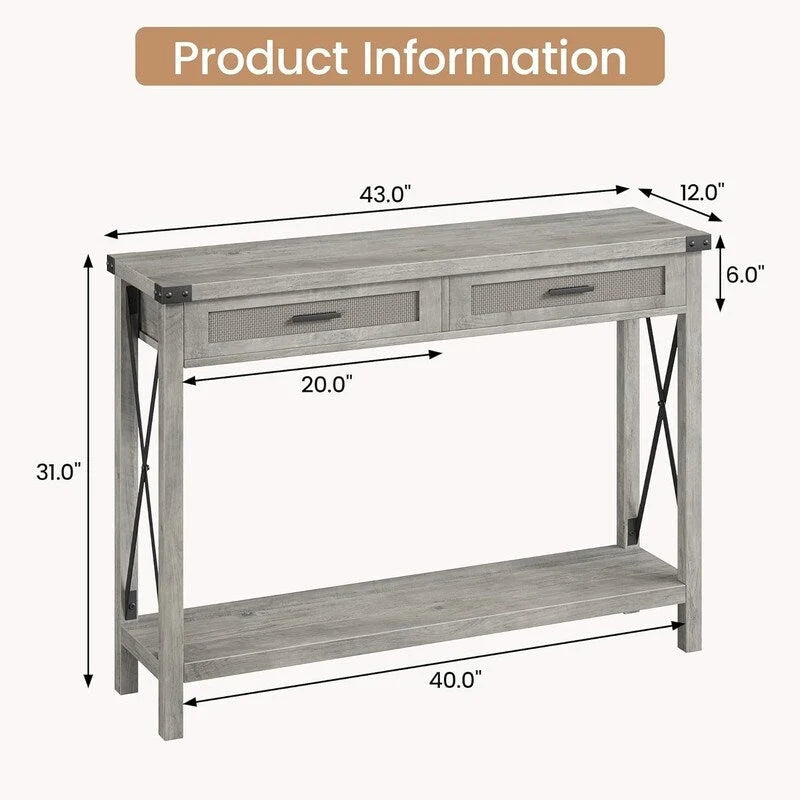Table console bohème avec tiroirs en rotin pour entrée