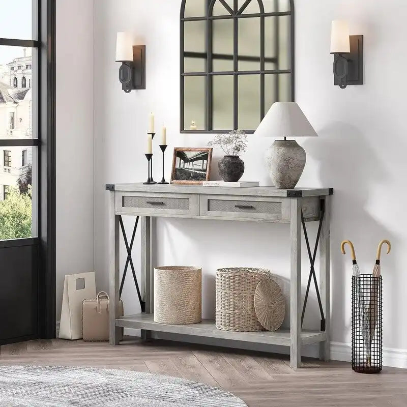 Table console bohème avec tiroirs en rotin pour entrée