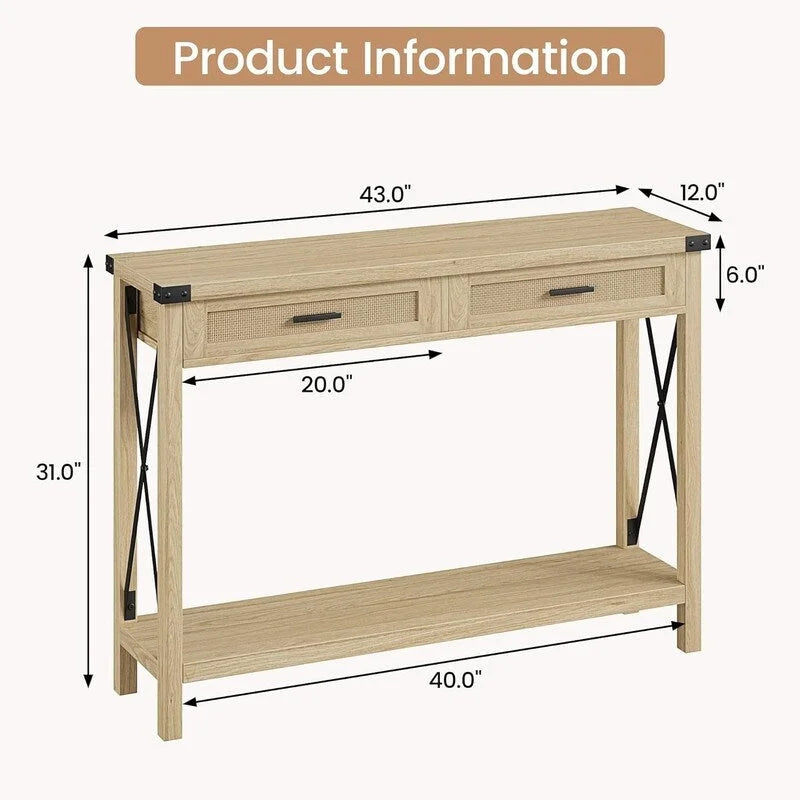 Table console bohème avec tiroirs en rotin pour entrée