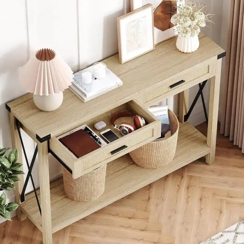 Table console bohème avec tiroirs en rotin pour entrée