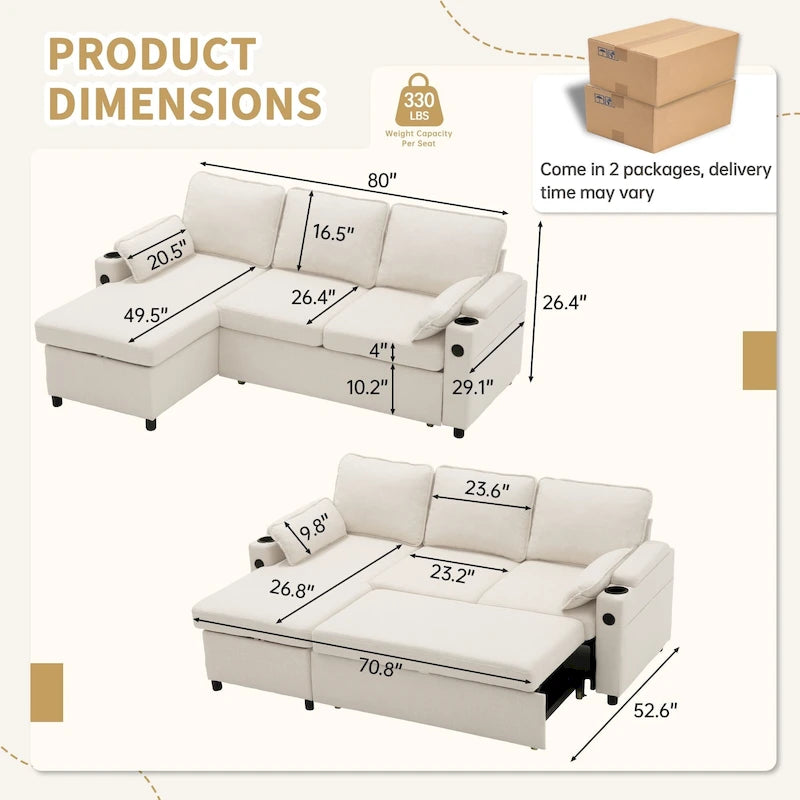 Canapé-lit d'angle 80 pouces, canapé convertible avec lit gigogne, canapé-lit réversible