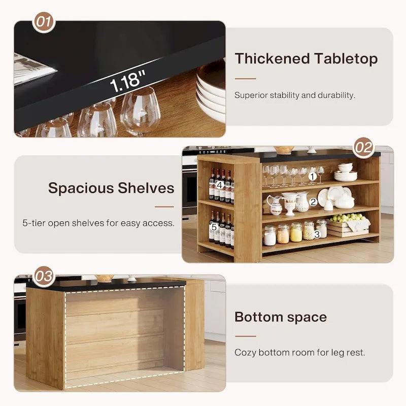 Îlot de cuisine de style campagnard de 55 pouces avec rangement pour cuisine et salle à manger