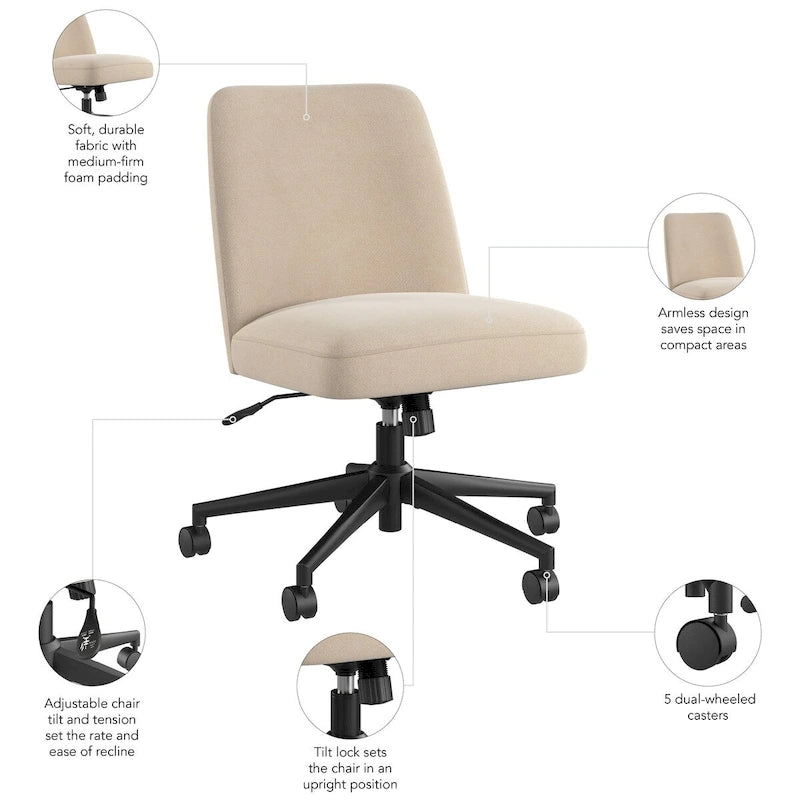 Chaise de bureau sans accoudoirs à dossier mi-haut Bush Furniture Serenity avec roulettes