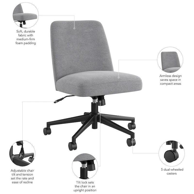 Chaise de bureau sans accoudoirs à dossier mi-haut Bush Furniture Serenity avec roulettes