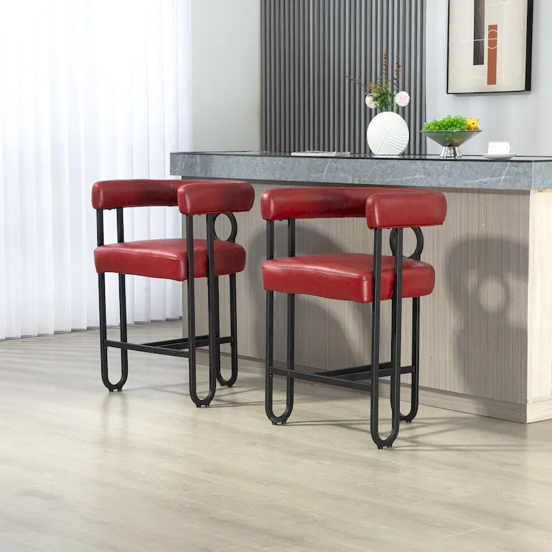 Tabourets de bar contemporains avec repose-pieds, revêtus de chenille et de cuir (lot de 2).