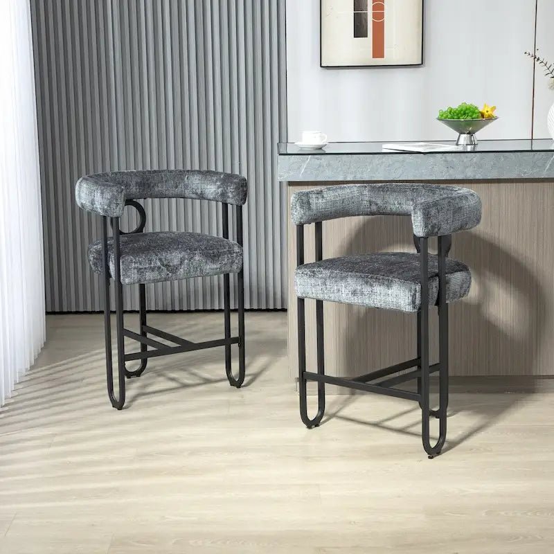 Tabourets de bar contemporains avec repose-pieds, revêtus de chenille et de cuir (lot de 2).
