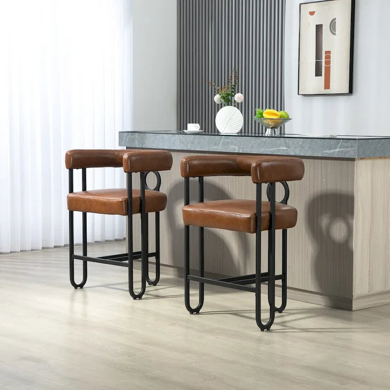 Tabourets de bar contemporains avec repose-pieds, revêtus de chenille et de cuir (lot de 2).