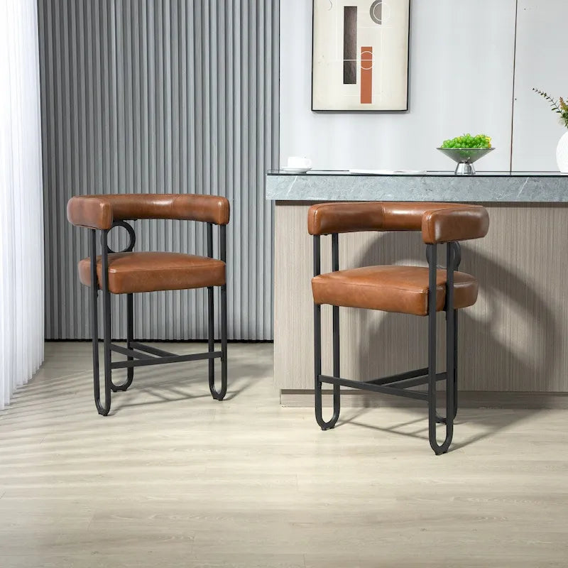 Tabourets de bar contemporains avec repose-pieds, revêtus de chenille et de cuir (lot de 2).