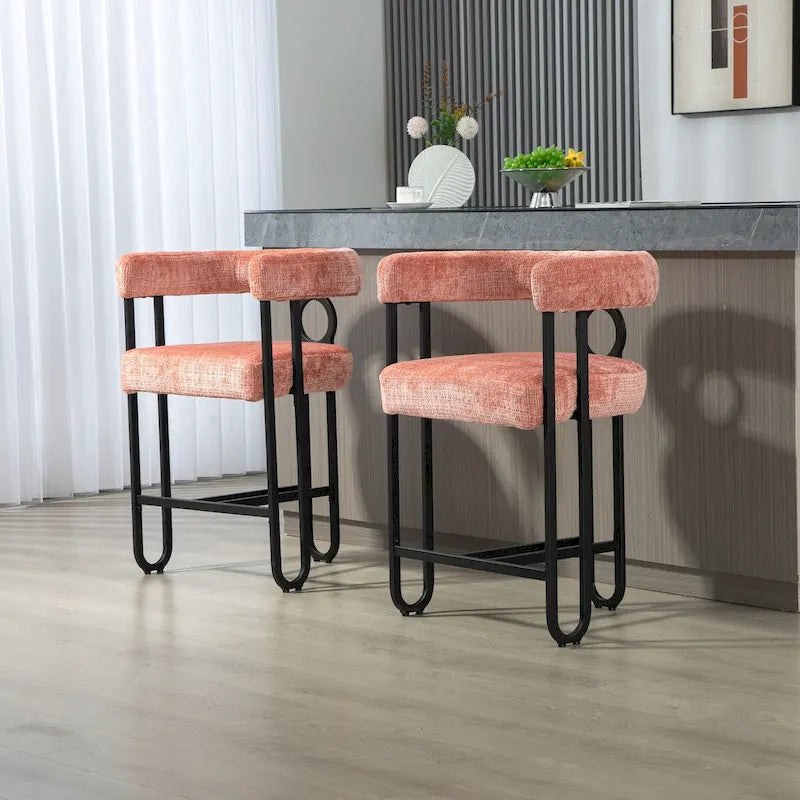 Tabourets de bar contemporains avec repose-pieds, revêtus de chenille et de cuir (lot de 2).