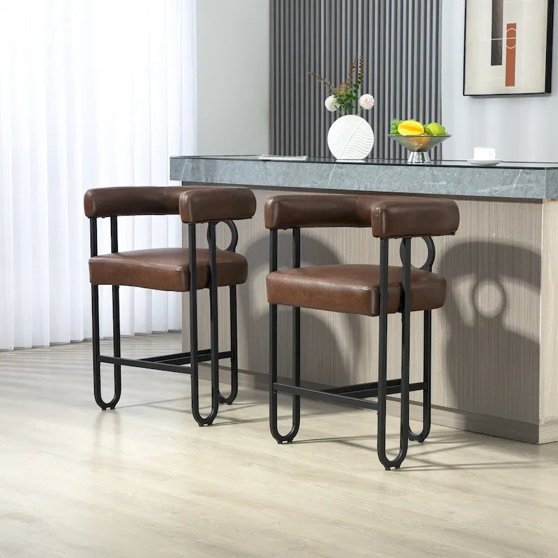 Tabourets de bar contemporains avec repose-pieds, revêtus de chenille et de cuir (lot de 2).