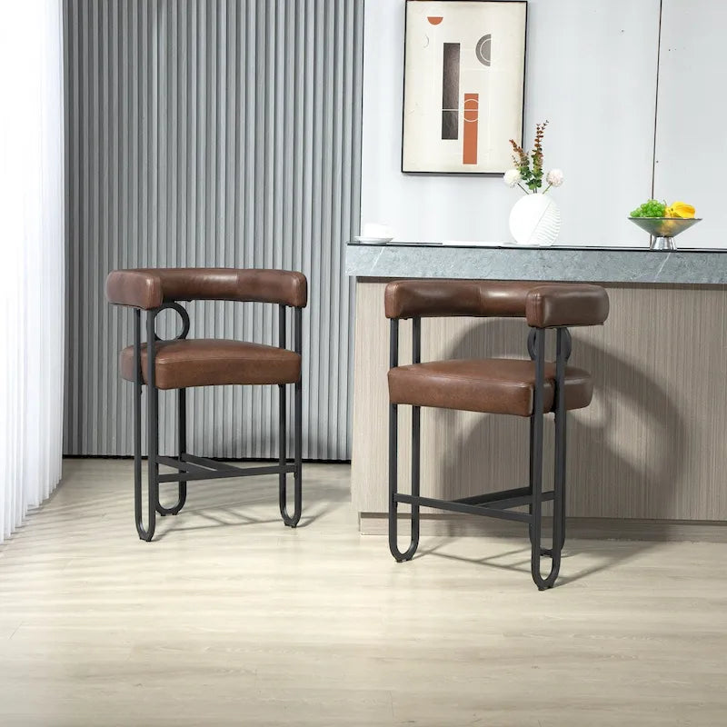 Tabourets de bar contemporains avec repose-pieds, revêtus de chenille et de cuir (lot de 2).
