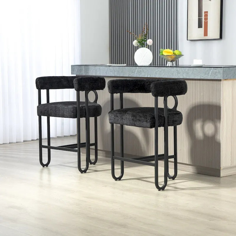 Tabourets de bar contemporains avec repose-pieds, revêtus de chenille et de cuir (lot de 2).