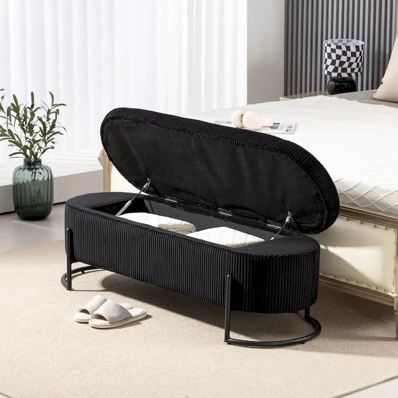 Banc coffre ottoman rembourré en velours côtelé avec charnière de sécurité et pieds en métal