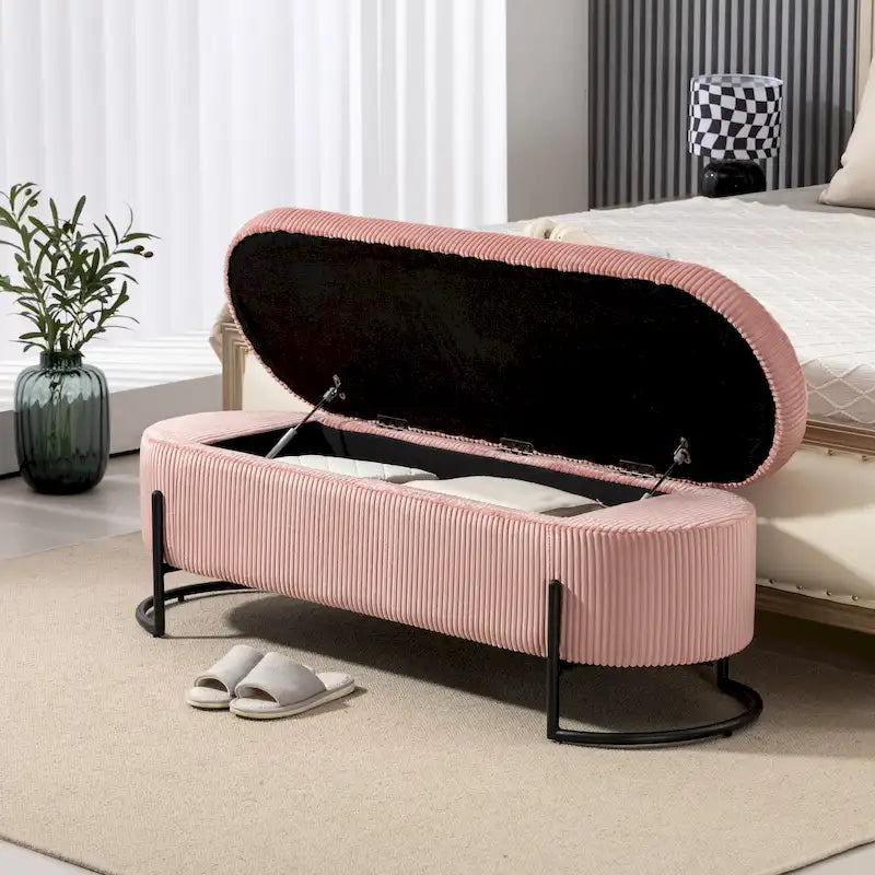 Banc coffre ottoman rembourré en velours côtelé avec charnière de sécurité et pieds en métal