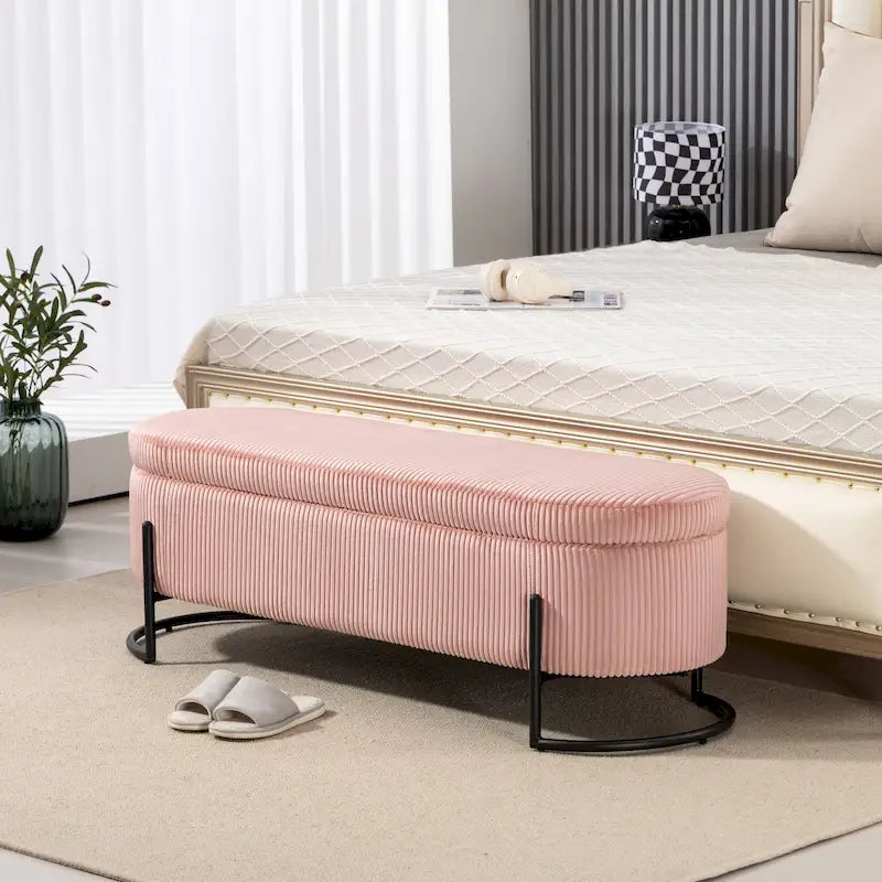 Banc coffre ottoman rembourré en velours côtelé avec charnière de sécurité et pieds en métal