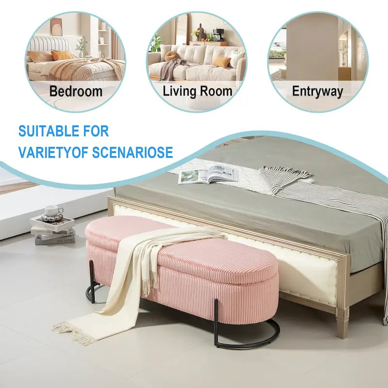 Banc coffre ottoman rembourré en velours côtelé avec charnière de sécurité et pieds en métal