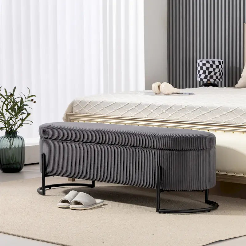 Banc coffre ottoman rembourré en velours côtelé avec charnière de sécurité et pieds en métal