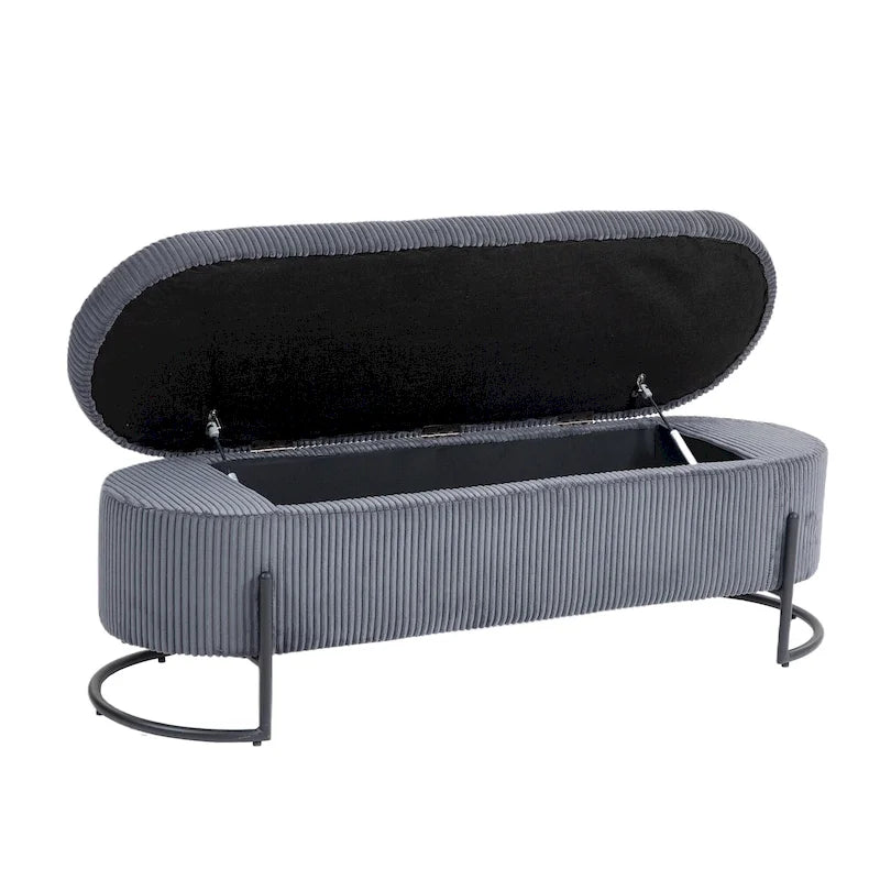 Banc coffre ottoman rembourré en velours côtelé avec charnière de sécurité et pieds en métal