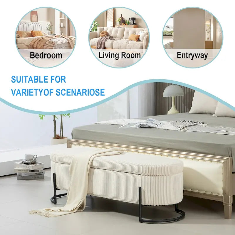 Banc coffre ottoman rembourré en velours côtelé avec charnière de sécurité et pieds en métal