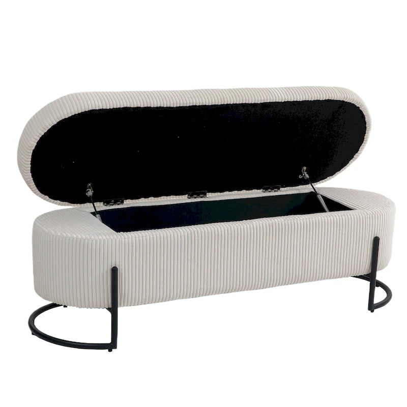 Banc coffre ottoman rembourré en velours côtelé avec charnière de sécurité et pieds en métal