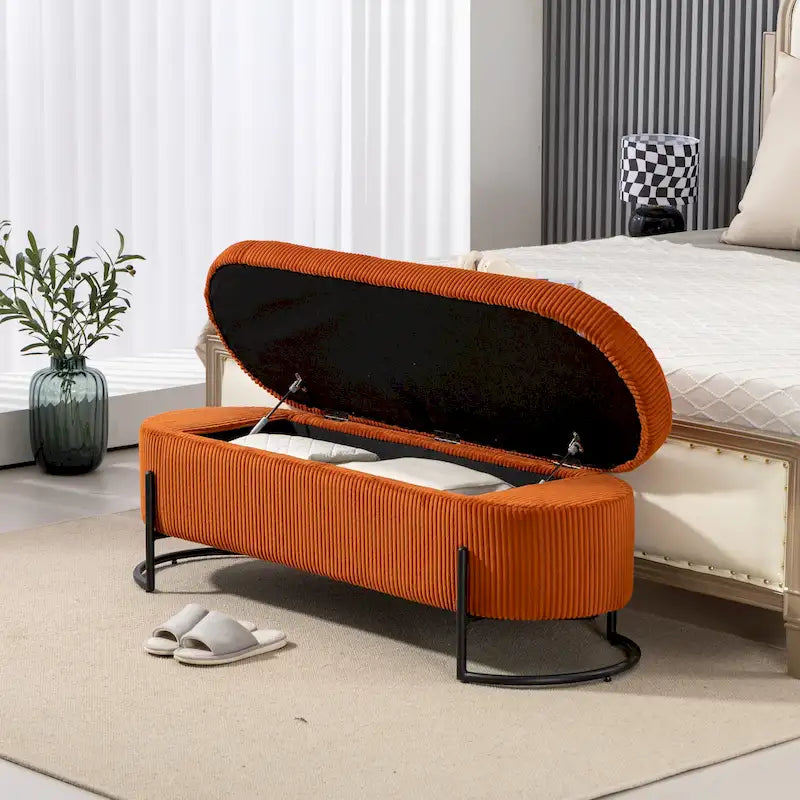 Banc coffre ottoman rembourré en velours côtelé avec charnière de sécurité et pieds en métal