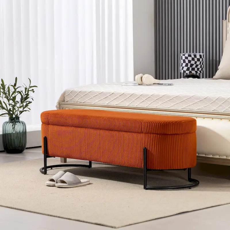 Banc coffre ottoman rembourré en velours côtelé avec charnière de sécurité et pieds en métal