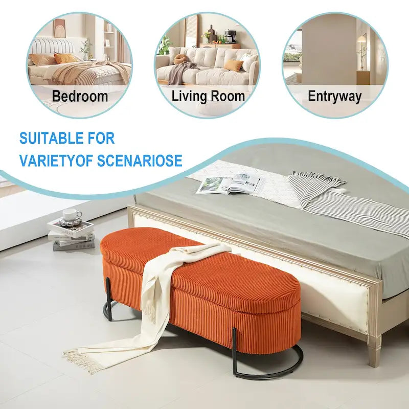 Banc coffre ottoman rembourré en velours côtelé avec charnière de sécurité et pieds en métal