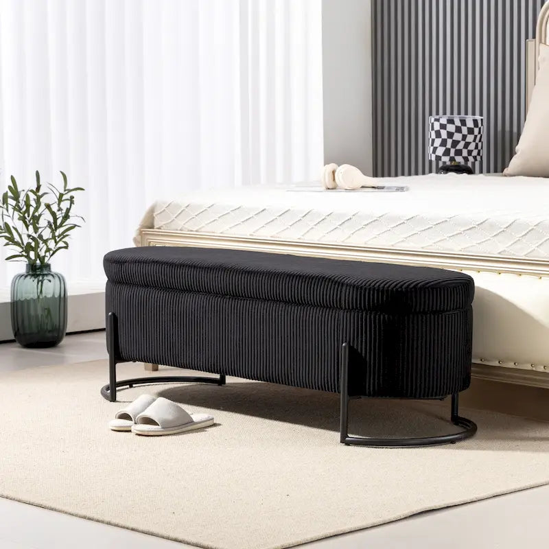 Banc coffre ottoman rembourré en velours côtelé avec charnière de sécurité et pieds en métal