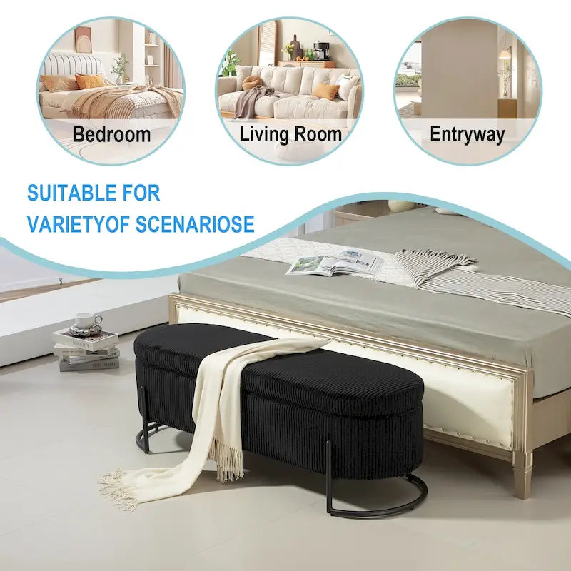 Banc coffre ottoman rembourré en velours côtelé avec charnière de sécurité et pieds en métal