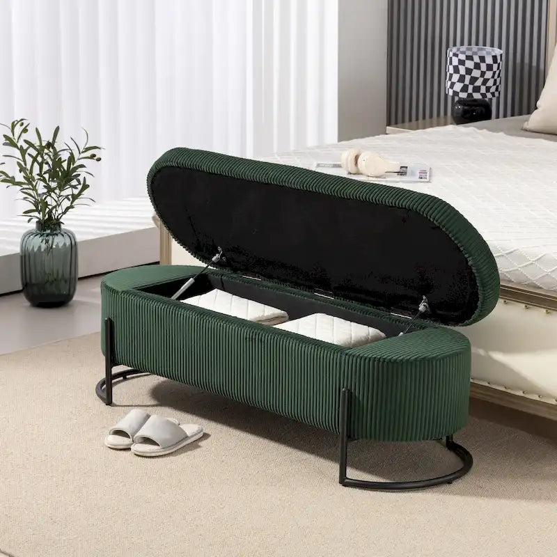 Banc coffre ottoman rembourré en velours côtelé avec charnière de sécurité et pieds en métal