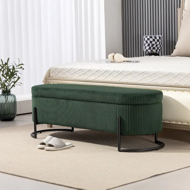 Banc coffre ottoman rembourré en velours côtelé avec charnière de sécurité et pieds en métal
