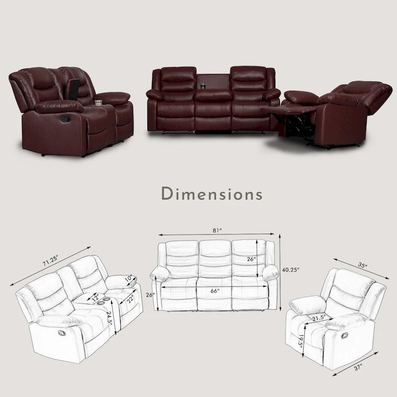 Ensemble de canapés de salon 3 pièces à inclinaison manuelle - Canapé avec table rabattable, causeuse avec console et fauteuil inclinable