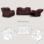 Ensemble de canapés de salon 3 pièces à inclinaison manuelle - Canapé avec table rabattable, causeuse avec console et fauteuil inclinable