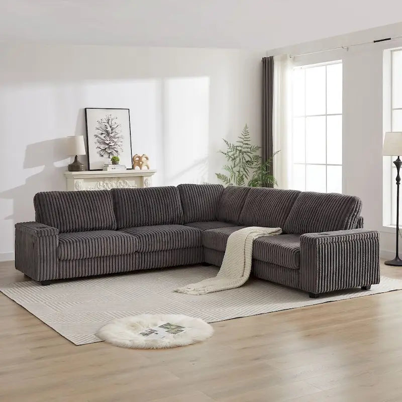 Canapé d'angle surdimensionné en velours côtelé en forme de L de 110 pouces avec deux espaces de rangement, port USB, port Type-C et porte-gobelet