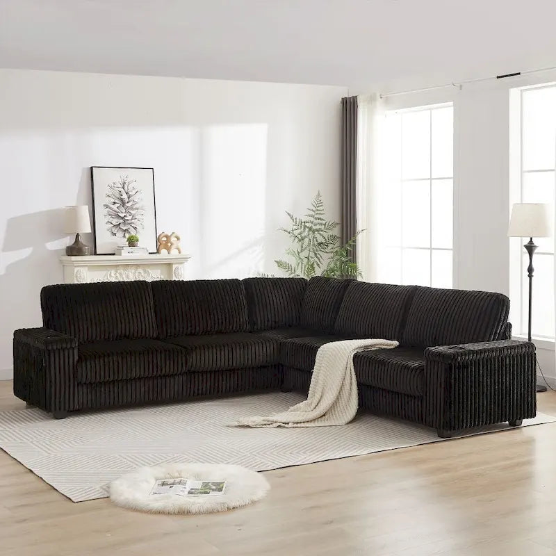 Canapé d'angle surdimensionné en velours côtelé en forme de L de 110 pouces avec deux espaces de rangement, port USB, port Type-C et porte-gobelet