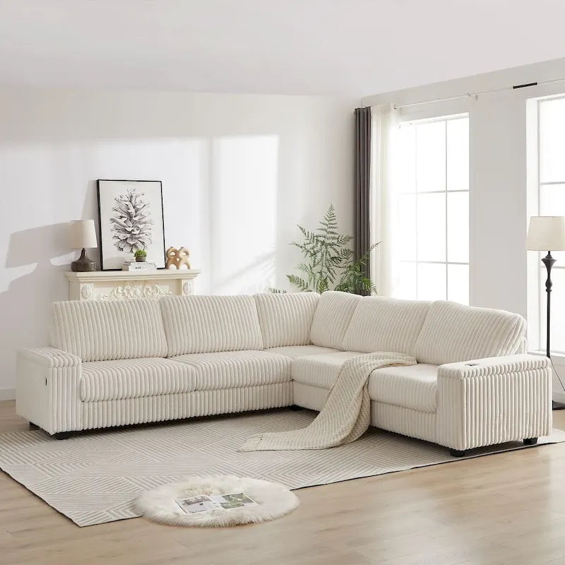 Canapé d'angle surdimensionné en velours côtelé en forme de L de 110 pouces avec deux espaces de rangement, port USB, port Type-C et porte-gobelet